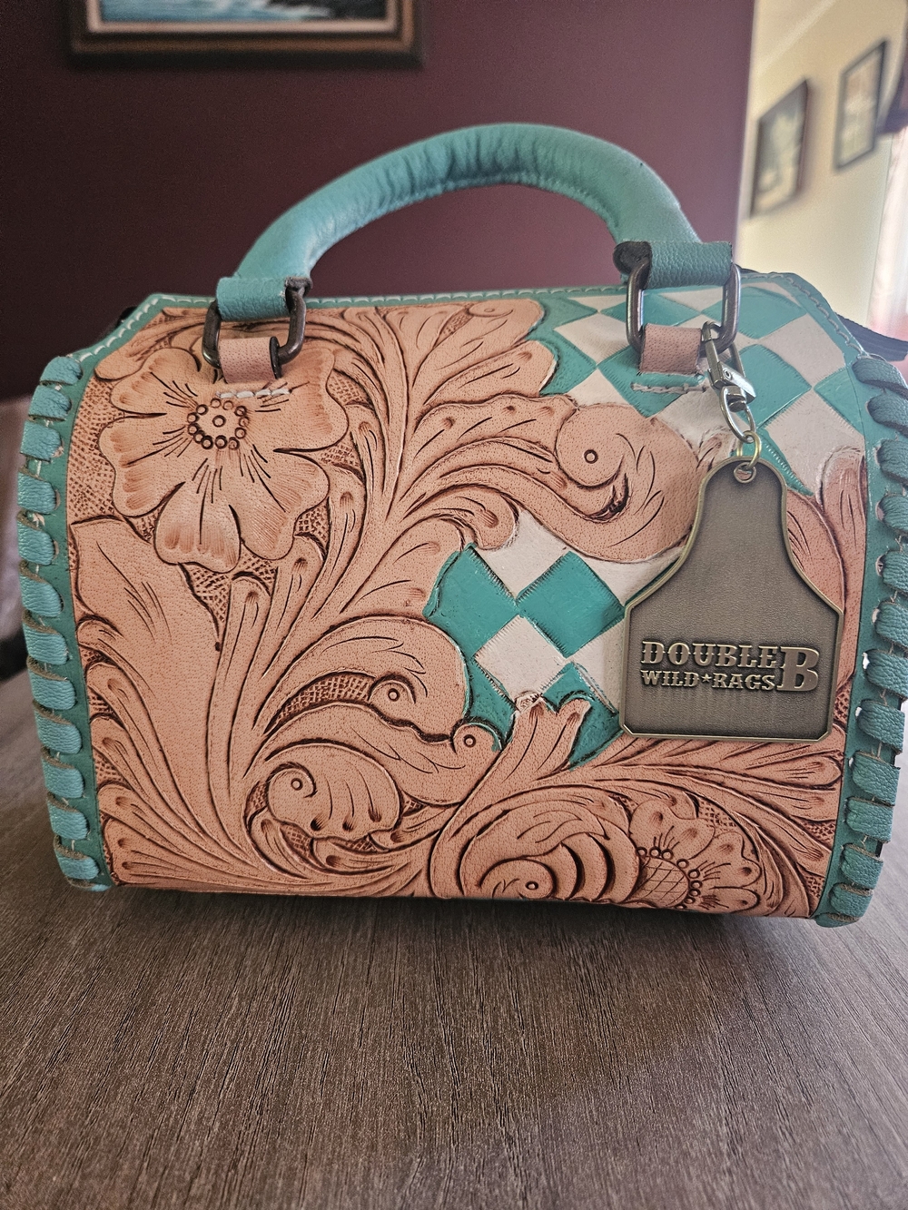 Double B Wild Bags Turquoise and Tan Tooled Leather And Hand Painted Speedy